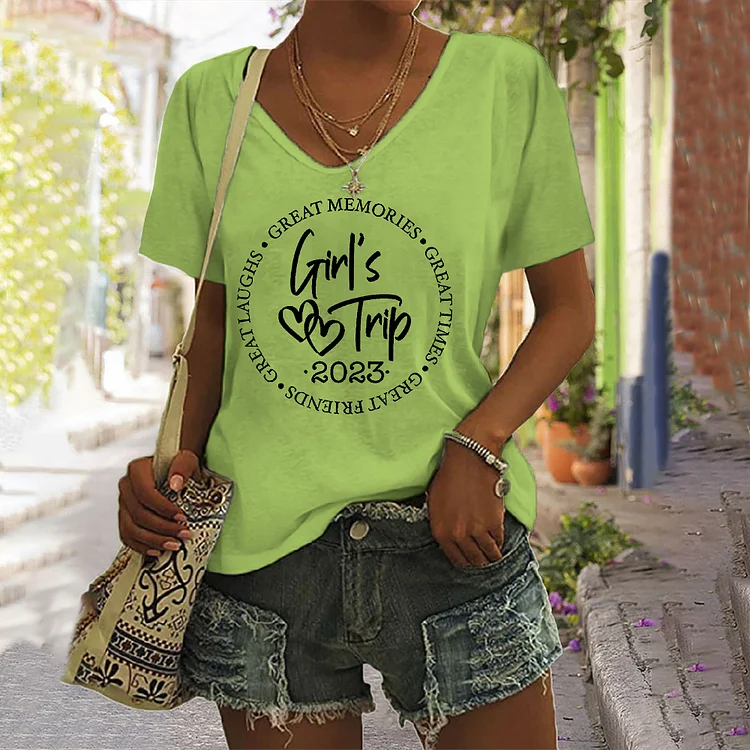 VChics Girl's Trip 2023 Letter Print V Neck Casual T-Shirt