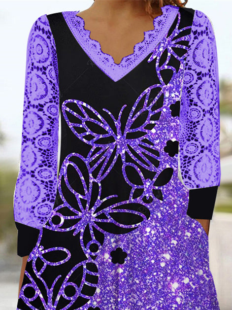 Women's Long Sleeve V-neck Graphic Lace Pockets Midi Dress