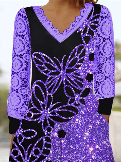 Women's Long Sleeve V-neck Graphic Lace Pockets Midi Dress