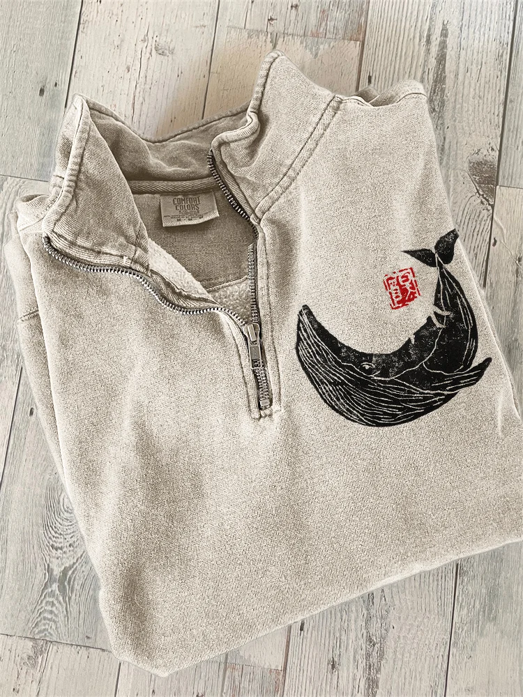 Whale Japanese Lino Art Zip Up Sweatshirt