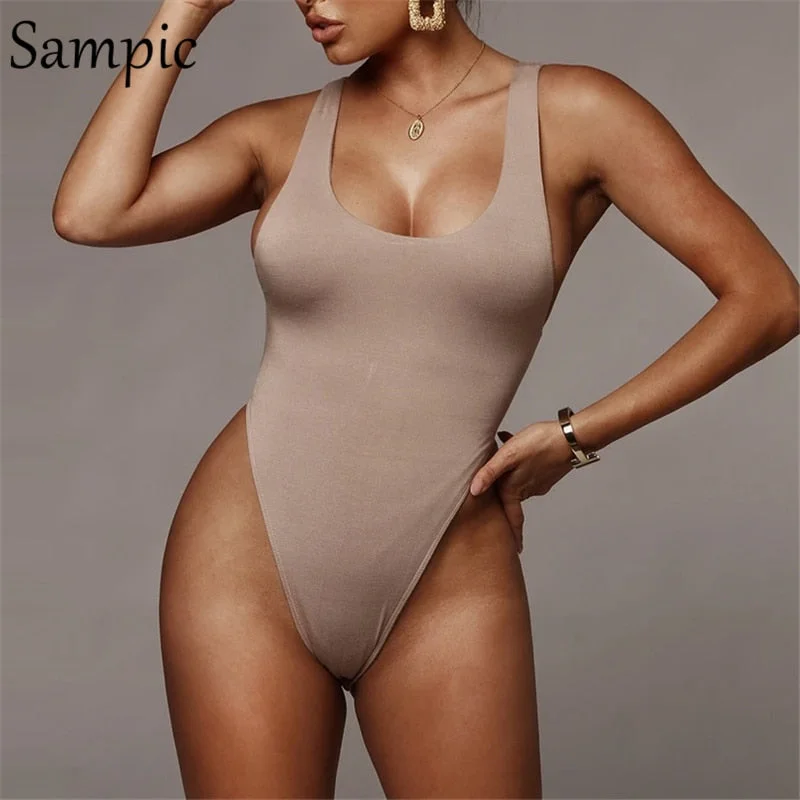 Sampic Summer Casual Fashion White Women O Neck Bodysuit 2020 Sexy Club Sleeveless Body Tops Backless Basic Ladies Bodysuits