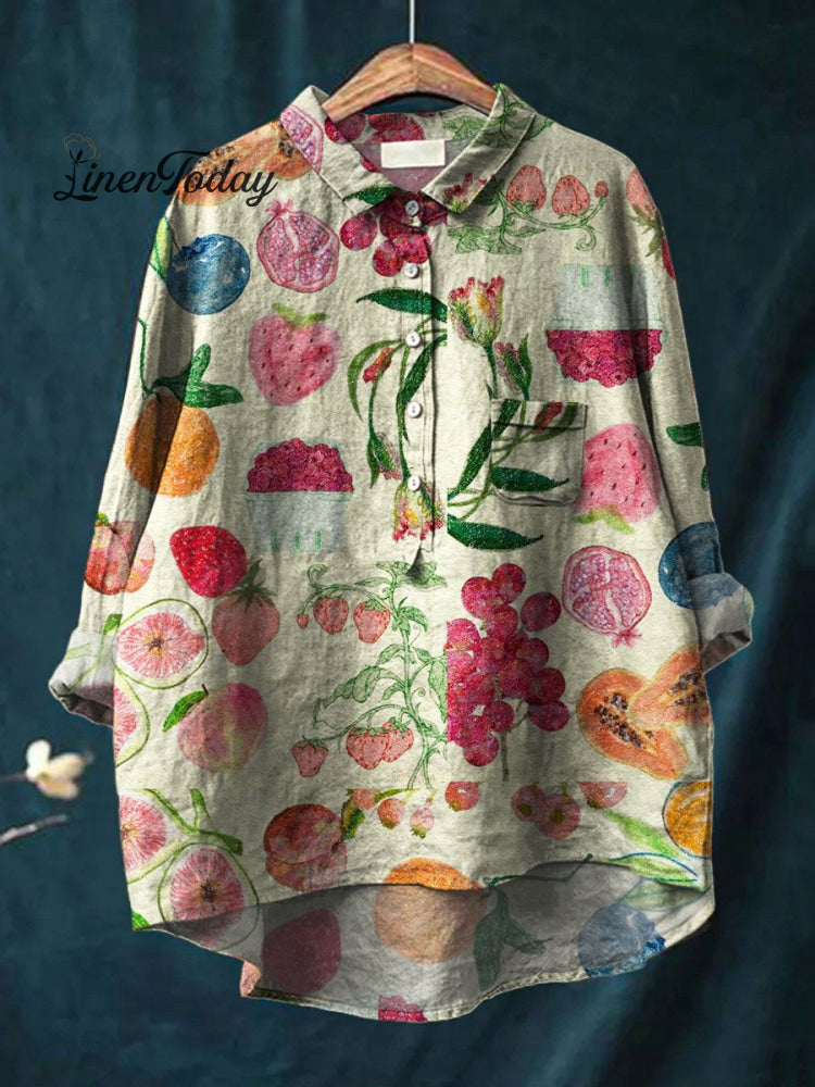 Women’s Vintage Fruit Art Print Casual Cotton And Linen Shirt Multicolor / S