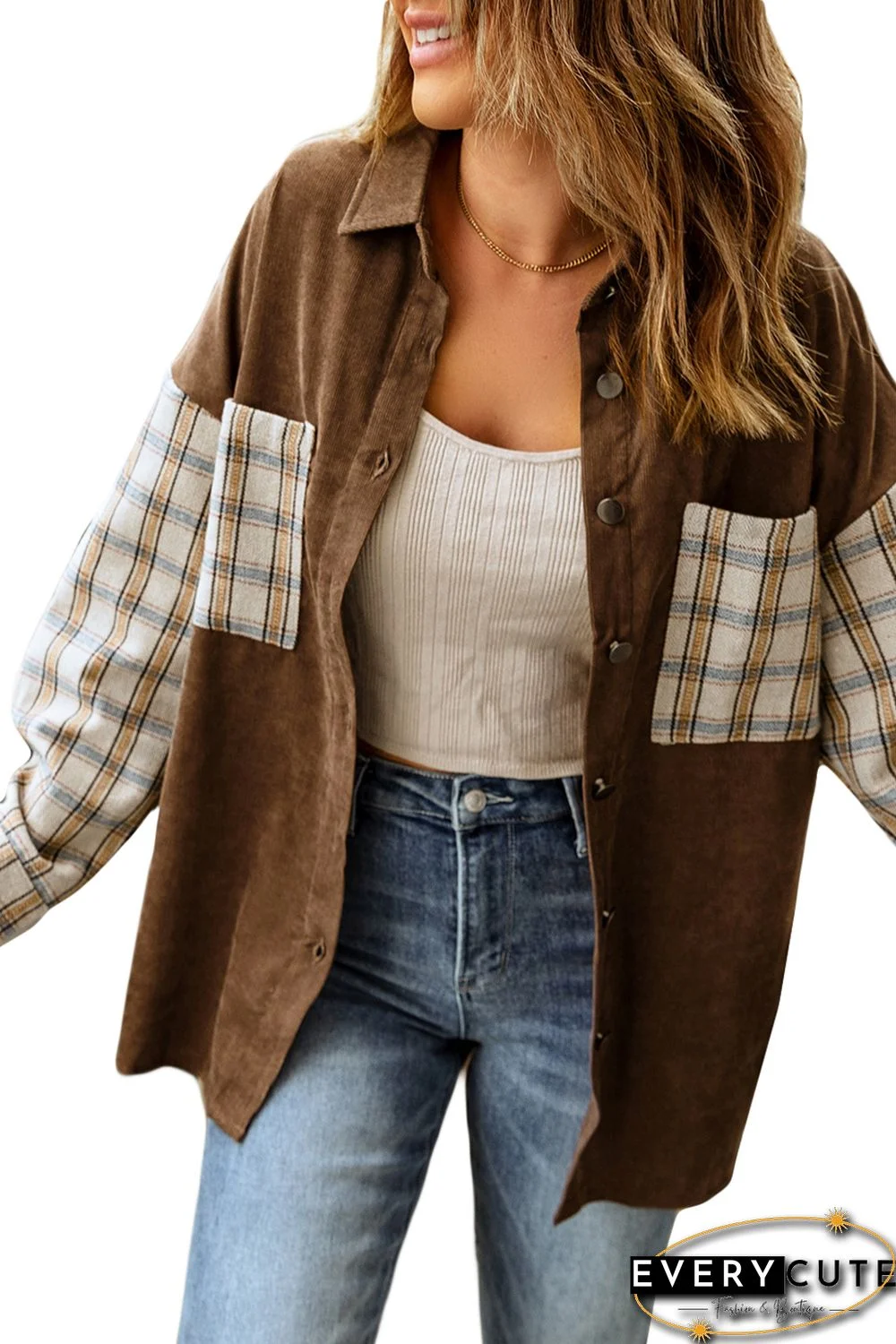 Brown Plaid Patchwork Corduroy Shirt Jacket with Pocket