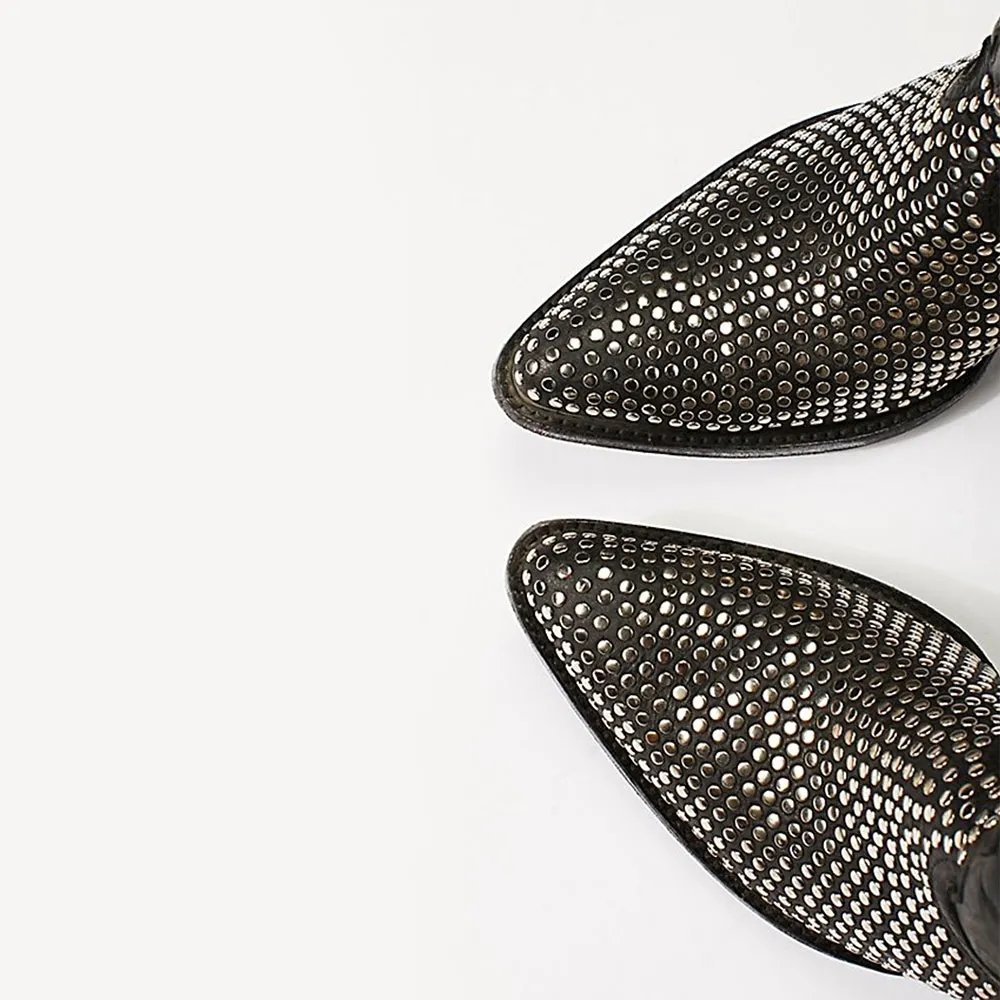 Black Pointed Toe Chunky Heel Side Zipper Studded Cowgirl Boots