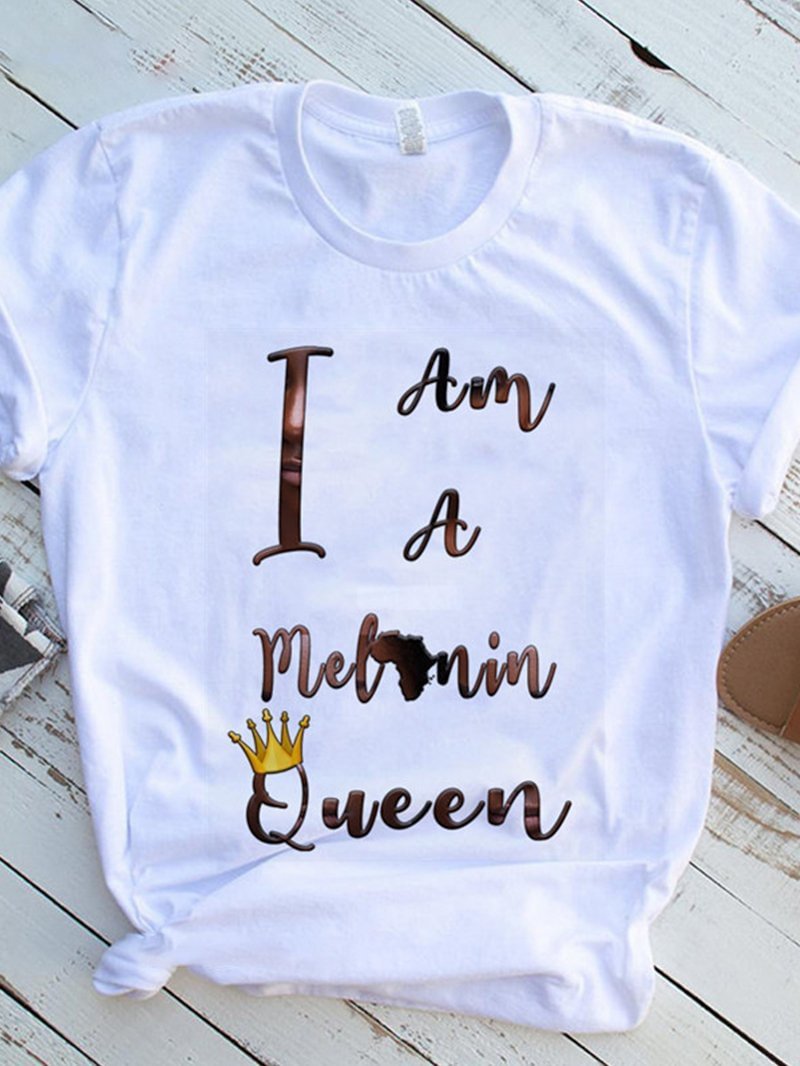 Woman Letters I Am A Queen Print Short-sleeved T-shirt