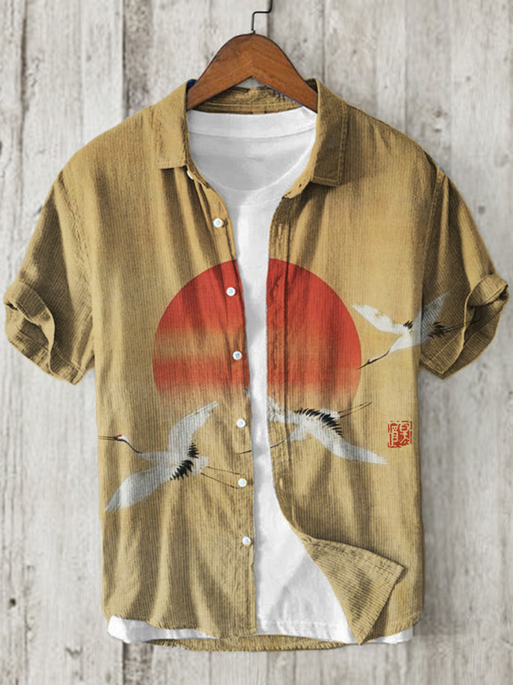 Comstylish Flying Cranes Sunrise Japanese Art Linen Blend Shirt