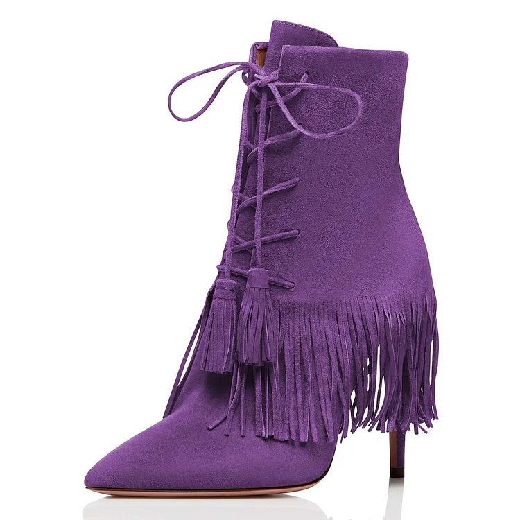 Purple Vegan Suede Lace Up Fringe Boots Stiletto Heel Ankle Boots |FSJ Shoes