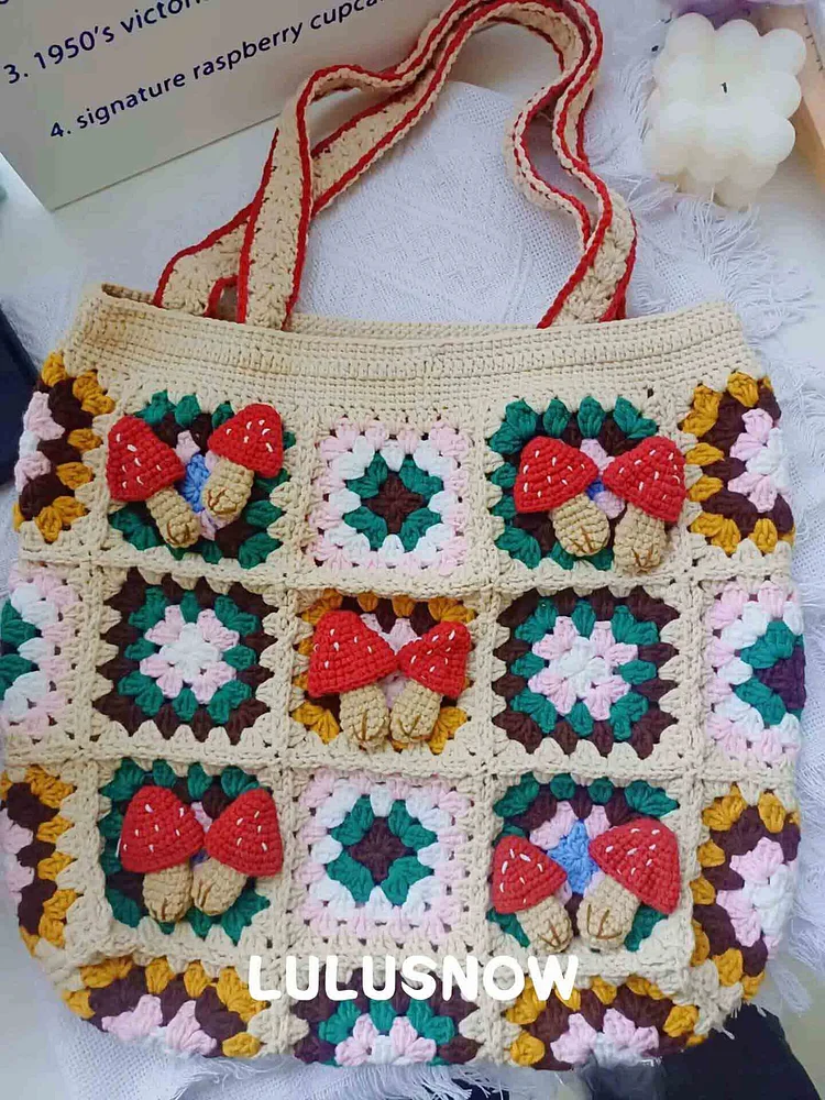 Lulusnow Handmade White Beige Mushroom Granny Square Crochet Tote Bag Shoulder Bag Gift For Mushroomlover