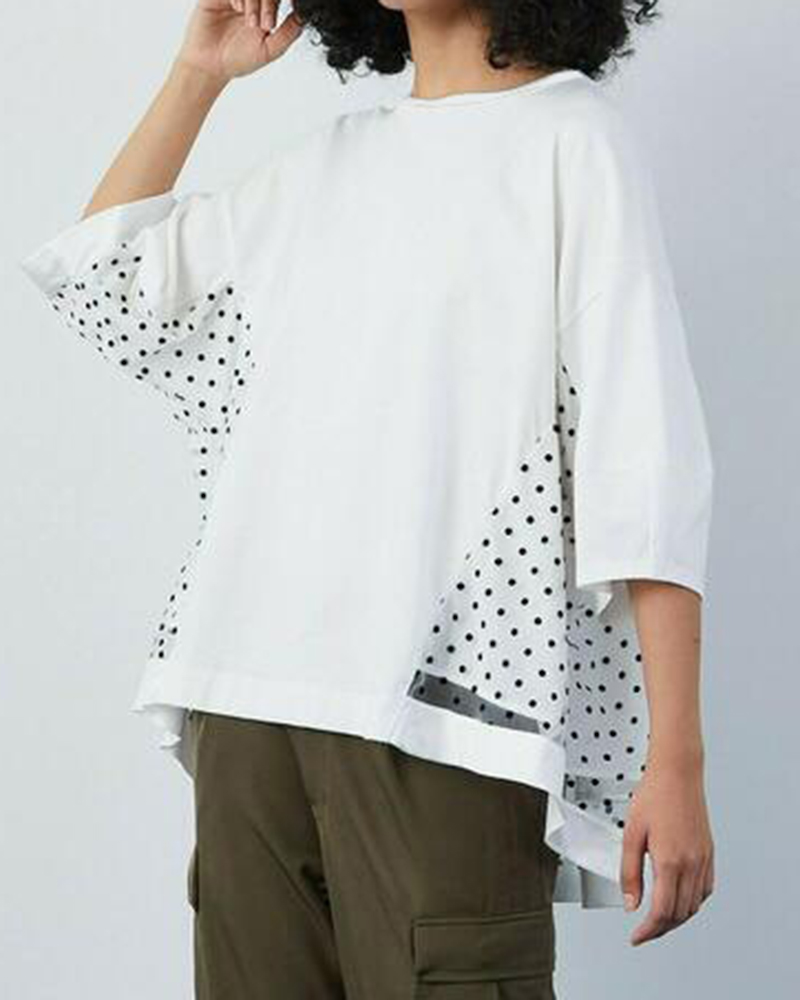 Polka Dot Mesh Design Round Neck Three Quarter Sleeve Top