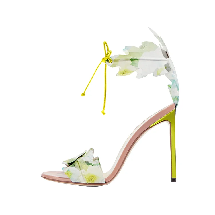 Lime Yellow Leaves Floral Heels Open Toe Tie up Stiletto Heels Sandals |FSJ Shoes