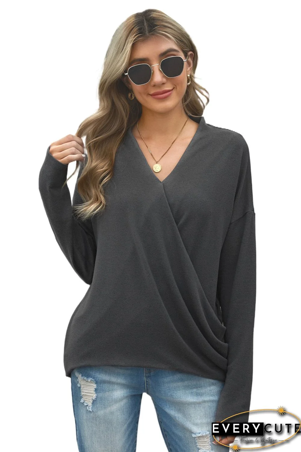 V-Neck Wrap Front Irregular Twist Hem Long Sleeve Top