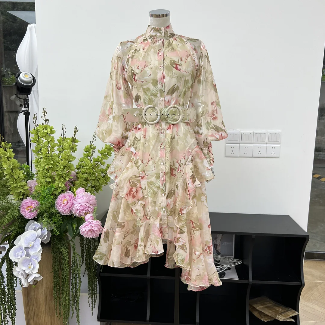 Brownm French Gentle Print Collar Lantern Sleeve Single Buckle Lotus Side Waist Dress With Belt Autumn