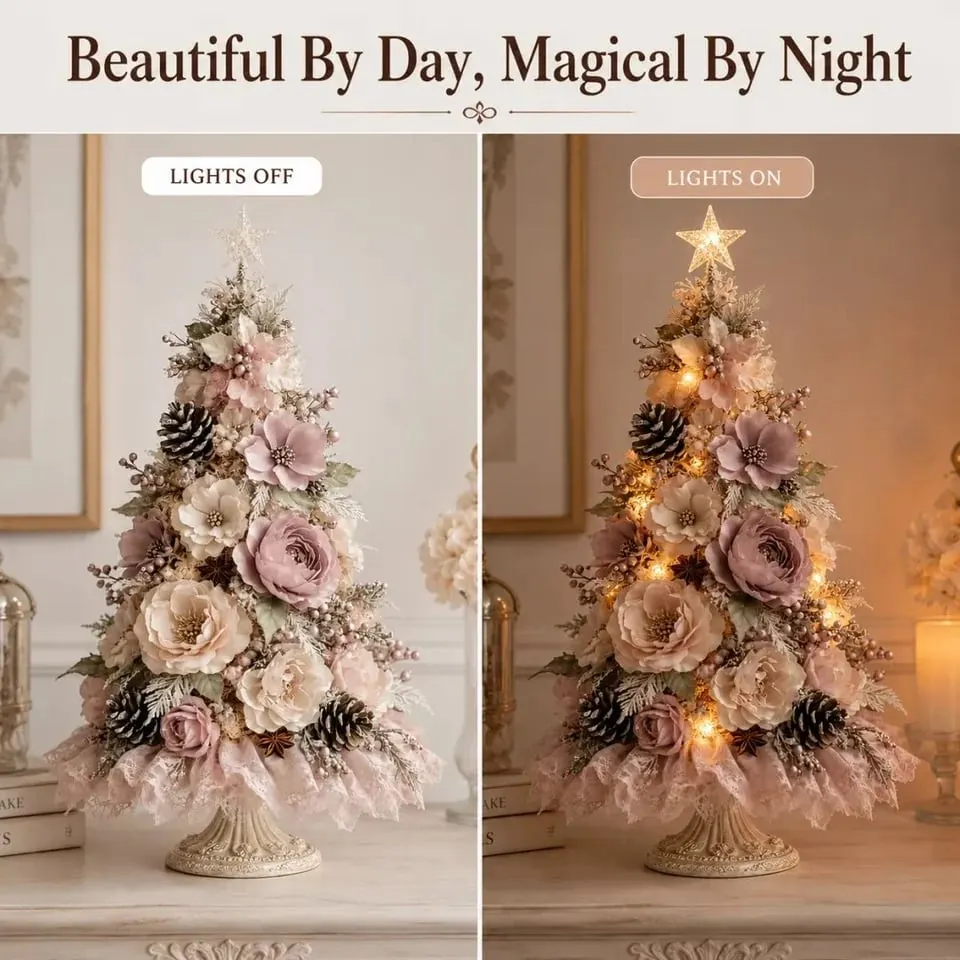 Floral Christmas tree with lights off and lights on