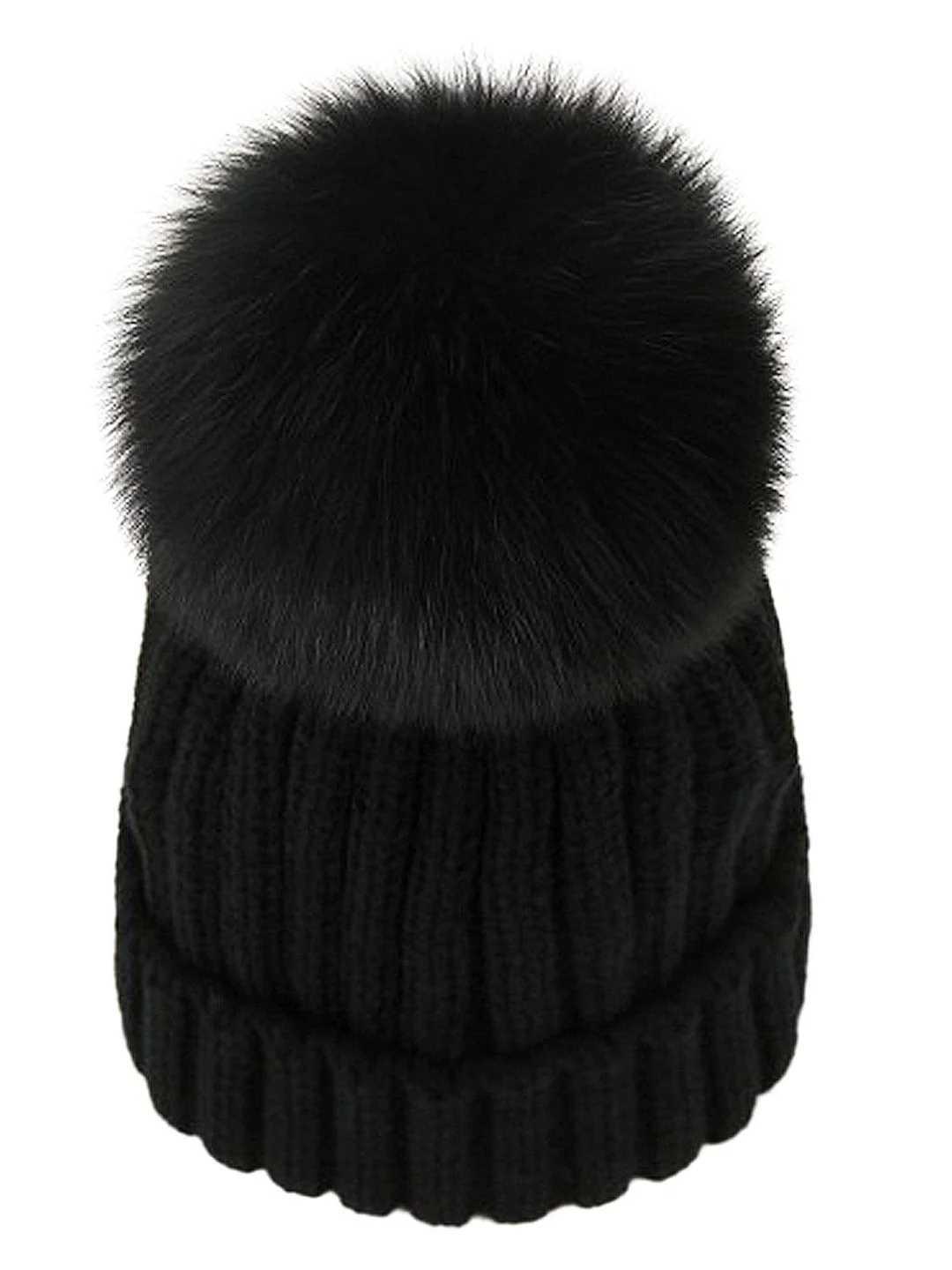 Women Winter Kintted Beanie Hats with Real Fox Fur Pom Pom