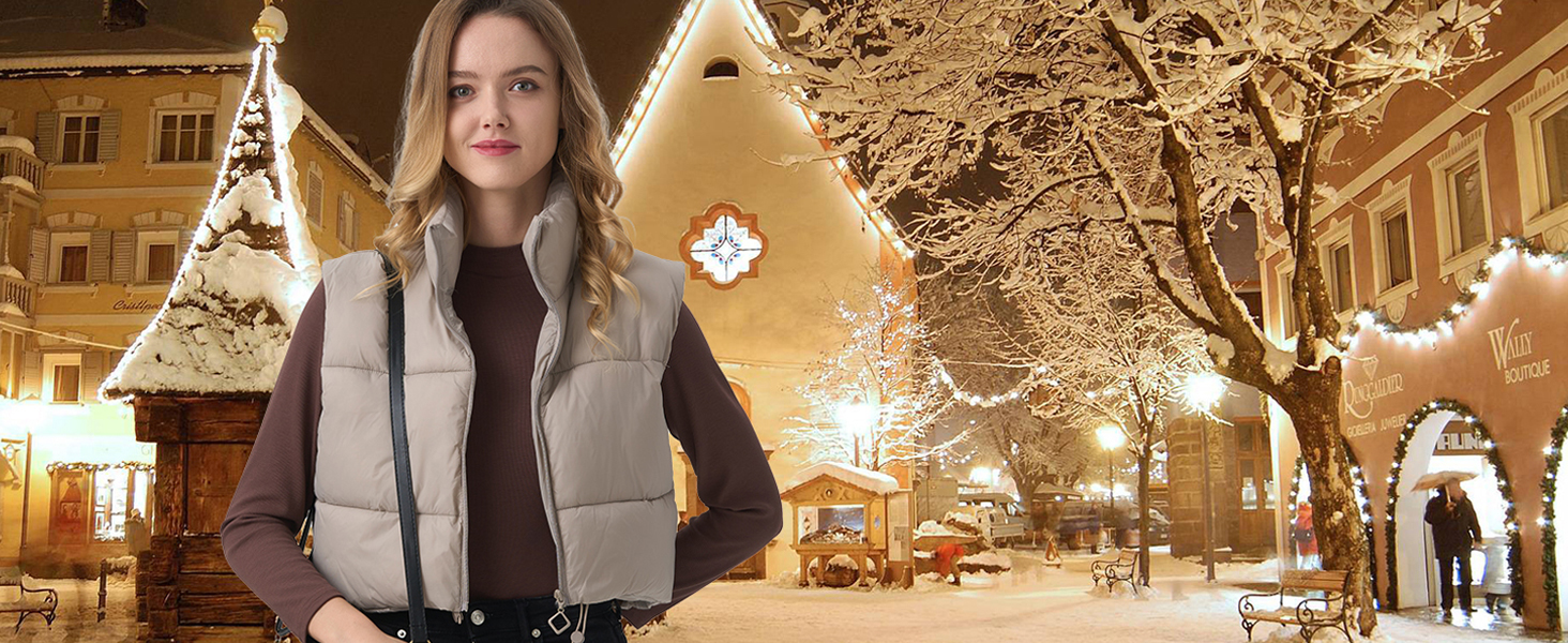 Grey crop puffer vest women, womens vests outerwear
