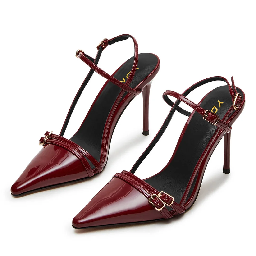 Burgundy Patent Leather Pointed Toe Buckled Strappy Slingback Heels