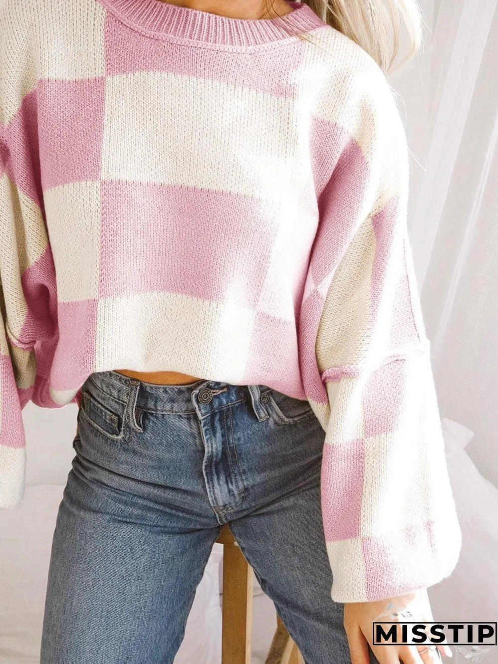 Checkered Pattern Knit Sweater for Women