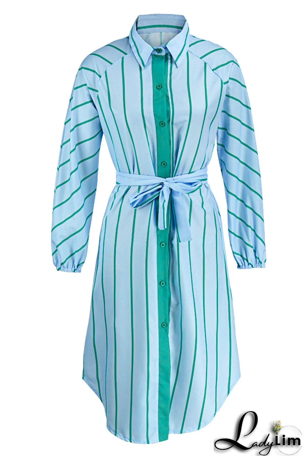 Pink Fashion Striped Print With Belt Turndown Collar Shirt Dress