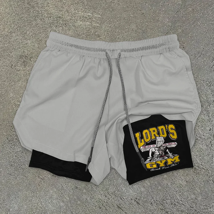 Vintage Lord's Gym Print Double Layer Drawstring Gym Shorts