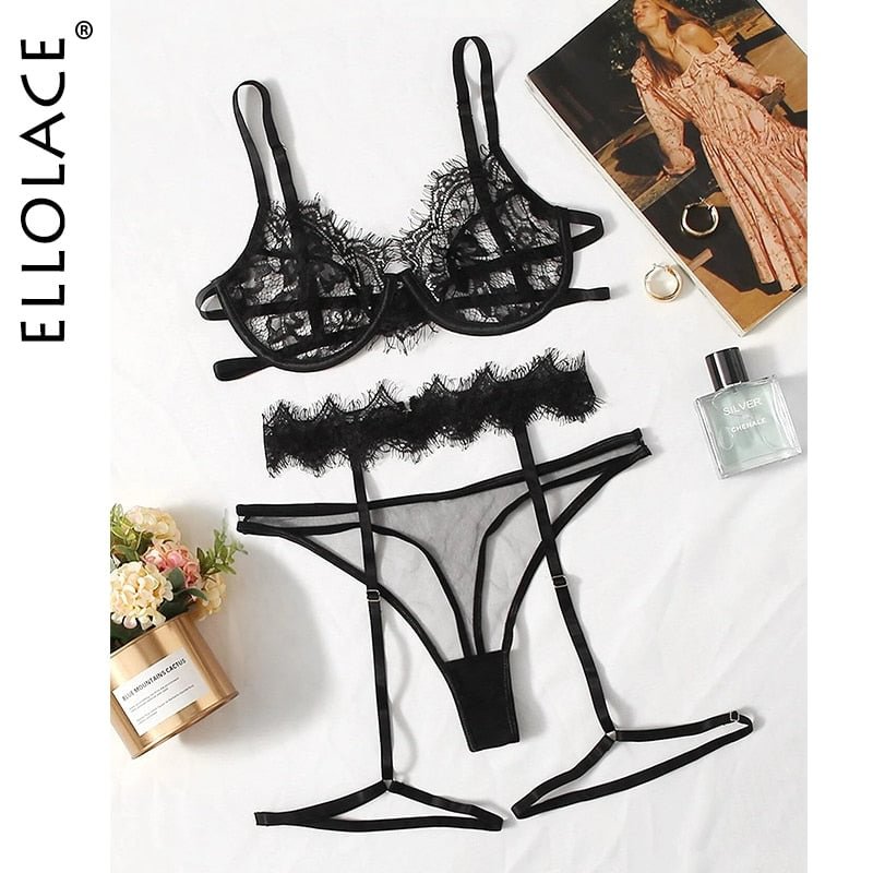 Ellolace Sensual Lingerie Sexy 3-Piece Black Lace Transparent Erotic Brief Sets With Garters Langerie Underwear Bilizna Set