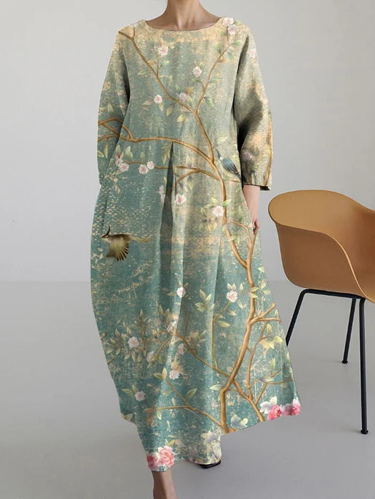 Retro Floral Art Print Round Neck Long Sleeve Dress
