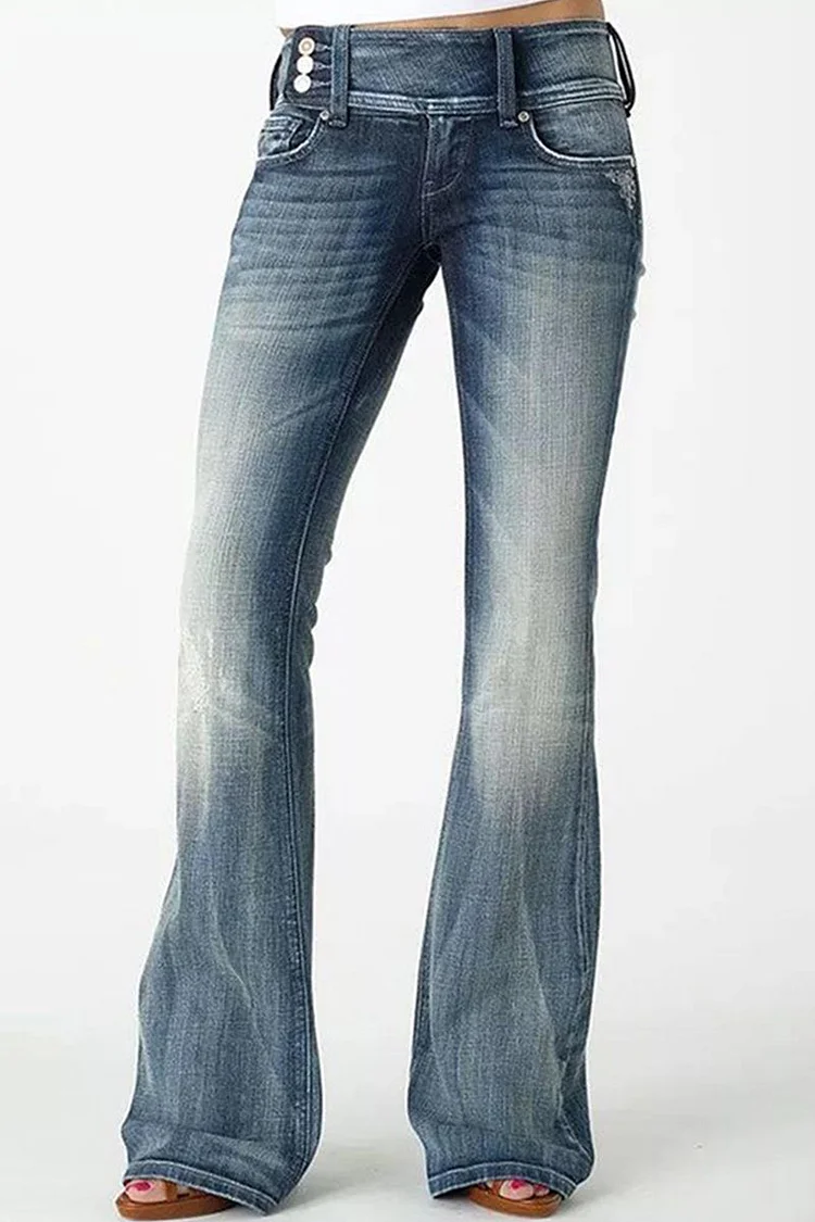 Casual Vintage Solid Make Old Mid Waist Regular Denim Jeans socialshop