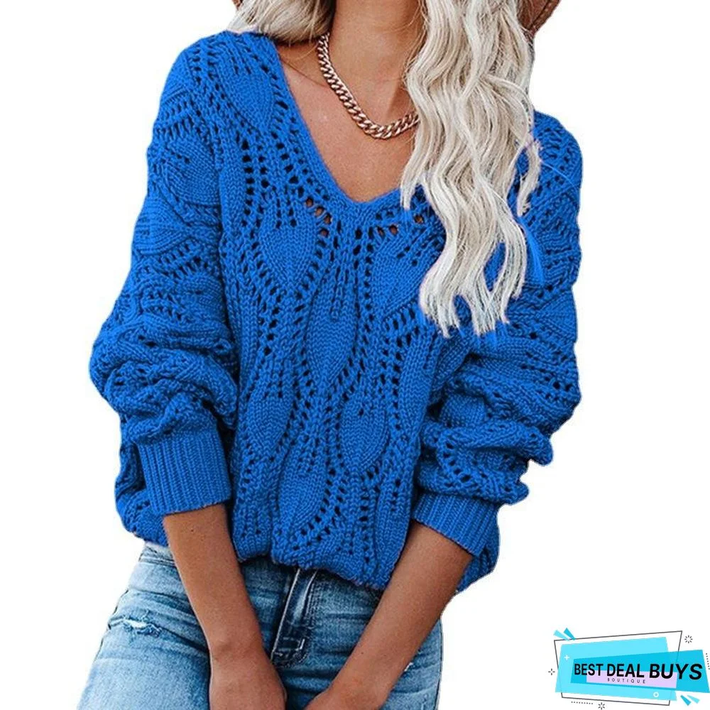Casual Solid Hollow V-Neck Long Sleeve Knitted Pullover Sweater