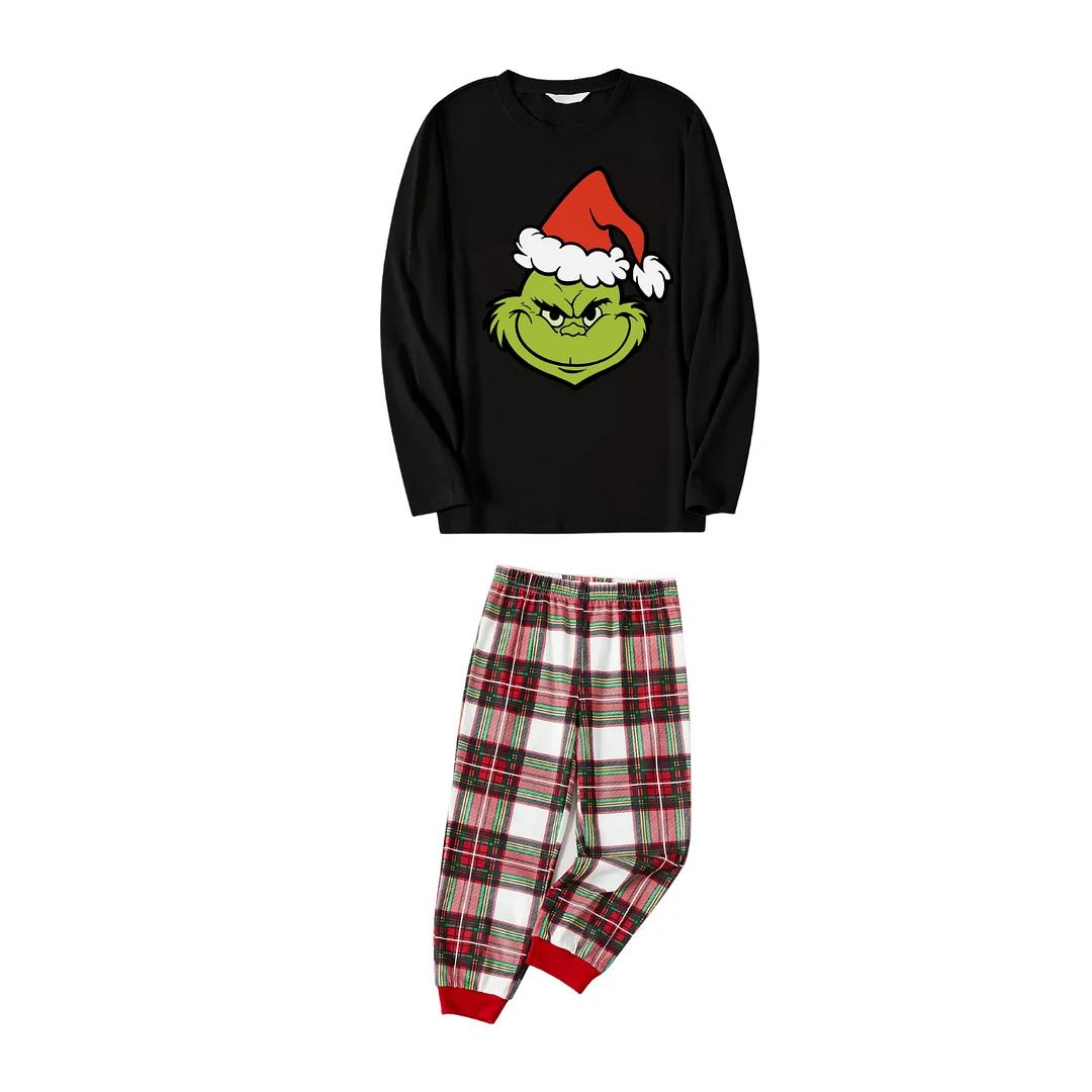 Christmas Cartoon Pattern Print Black Long Sleeve Top with Red & White & Green Plaid Family Matching Pajamas