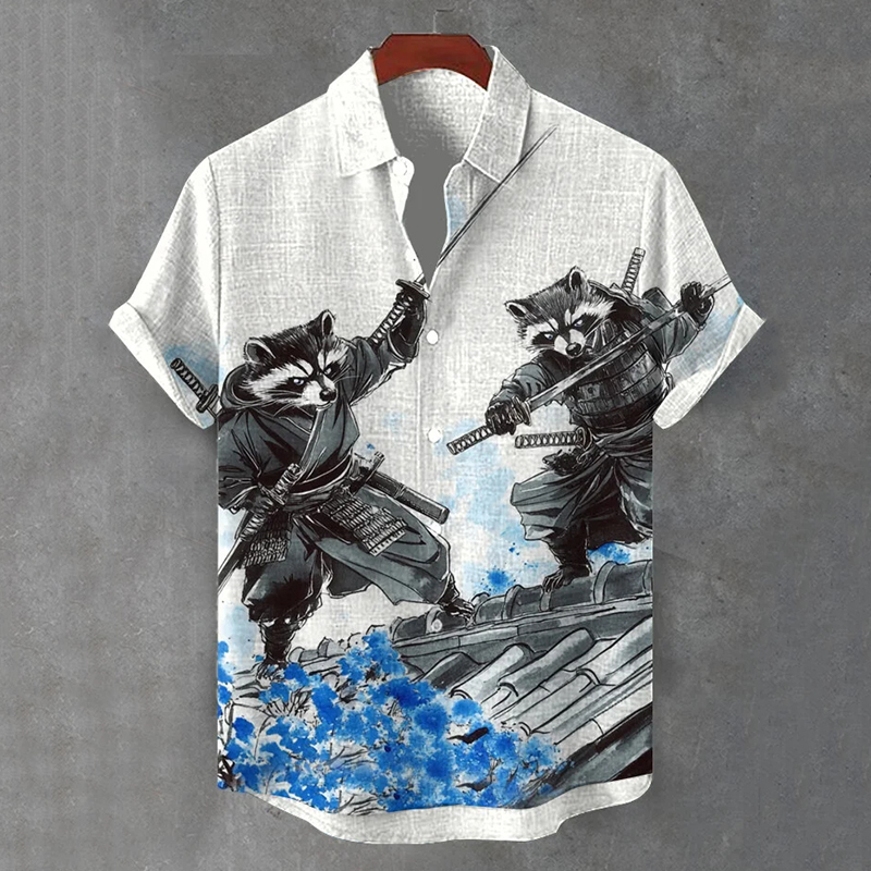 Men's Two Japanese Raccoon Warriors Fighting On The Roof Art Casual Short Sleeve Shirts