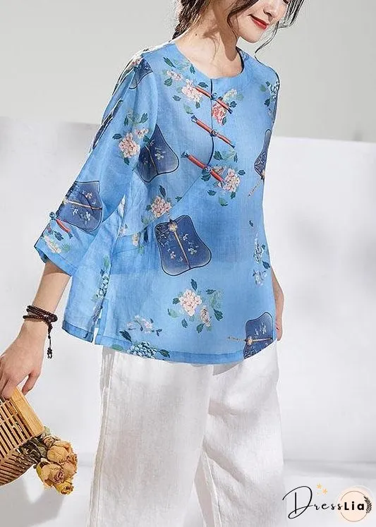 Natural Blue Print Oriental Summer Ramie Shirt