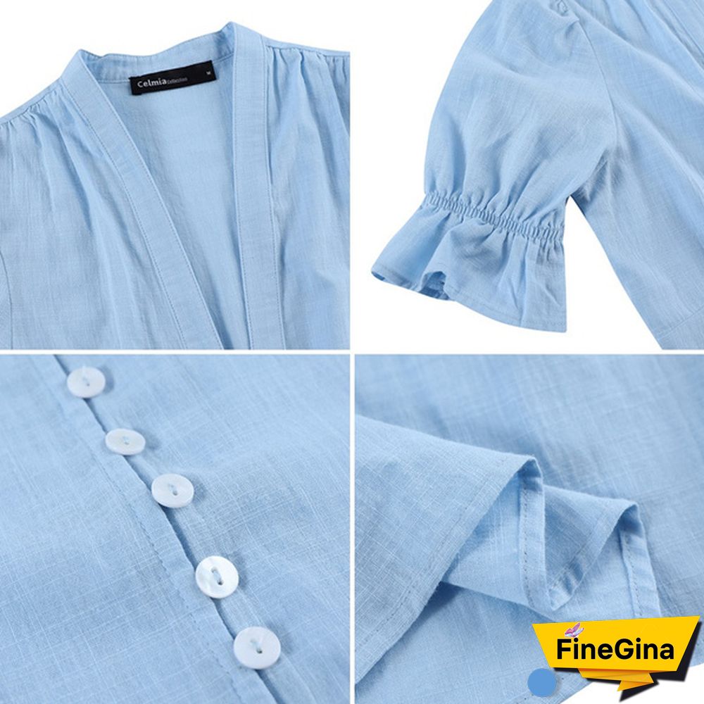 Womens Puff Short Sleeve Maxi Dress Summer Vestidos Cotton Linen V Neck Buttons Party Casual A Line Long Dress Plus Size