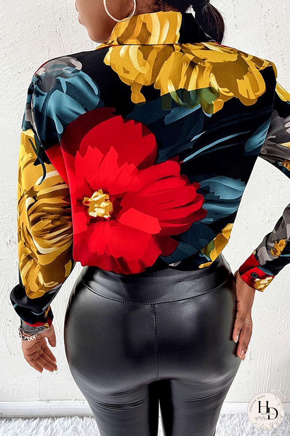 White Casual Print Patchwork Buckle Turndown Collar Tops