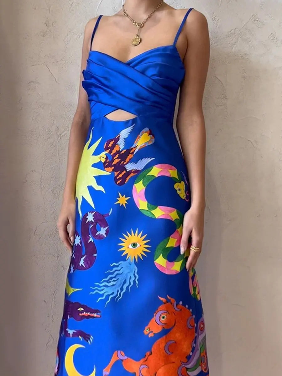 Sleeveless Hollow Out Abstract Print Midi Dress