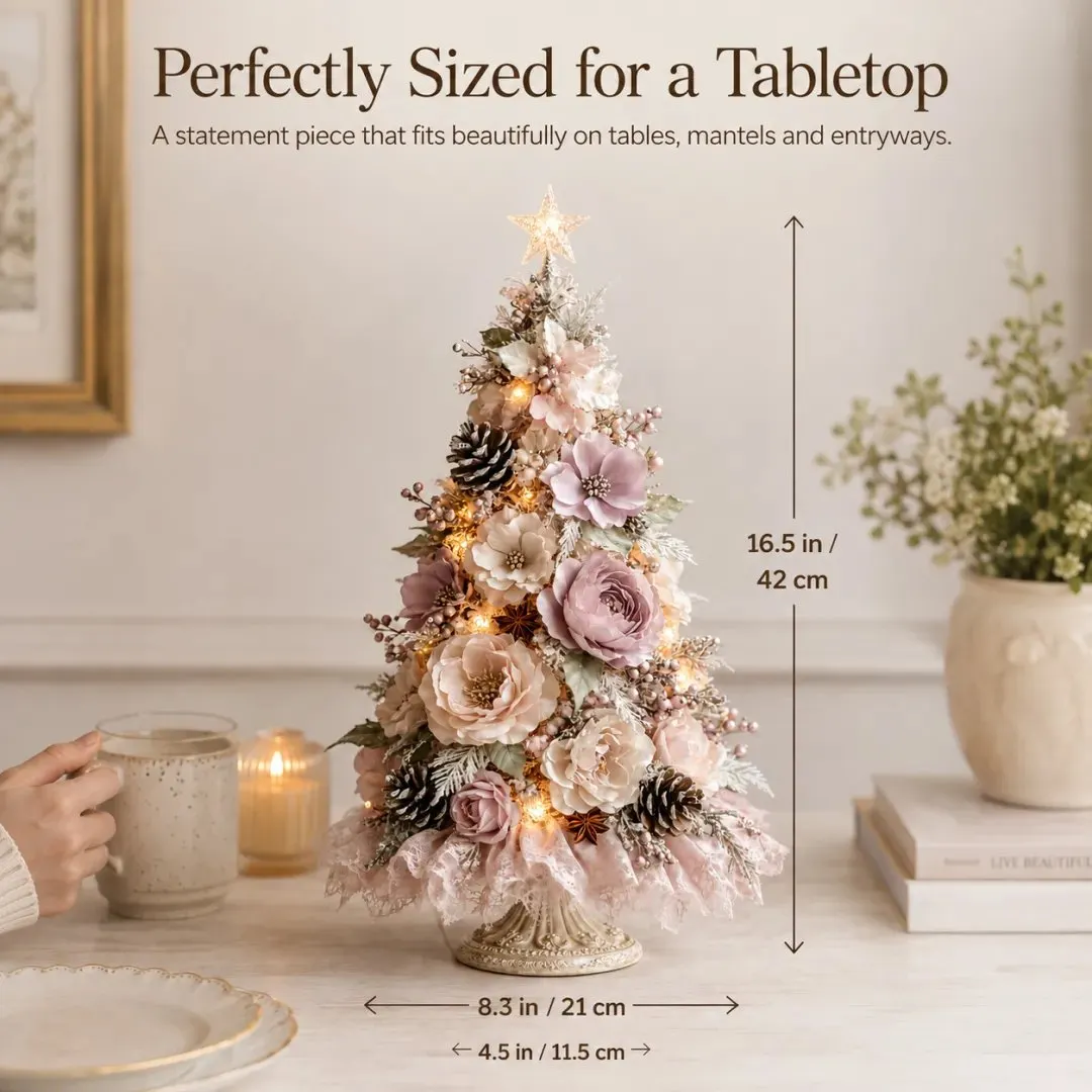Blush Bloom Christmas tree size 16.5 inches high and 8.3 inches wide