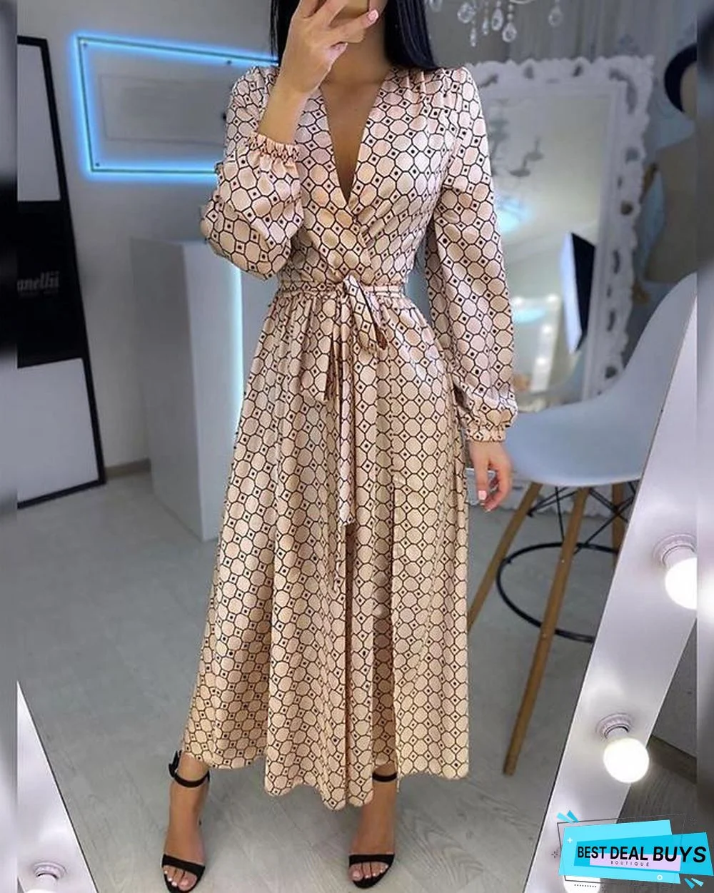 Women's Swing Dress Maxi Long Dress Long Sleeve Geometric Patchwork Print Spring Summer Hot Casual Lantern Sleeve Gold