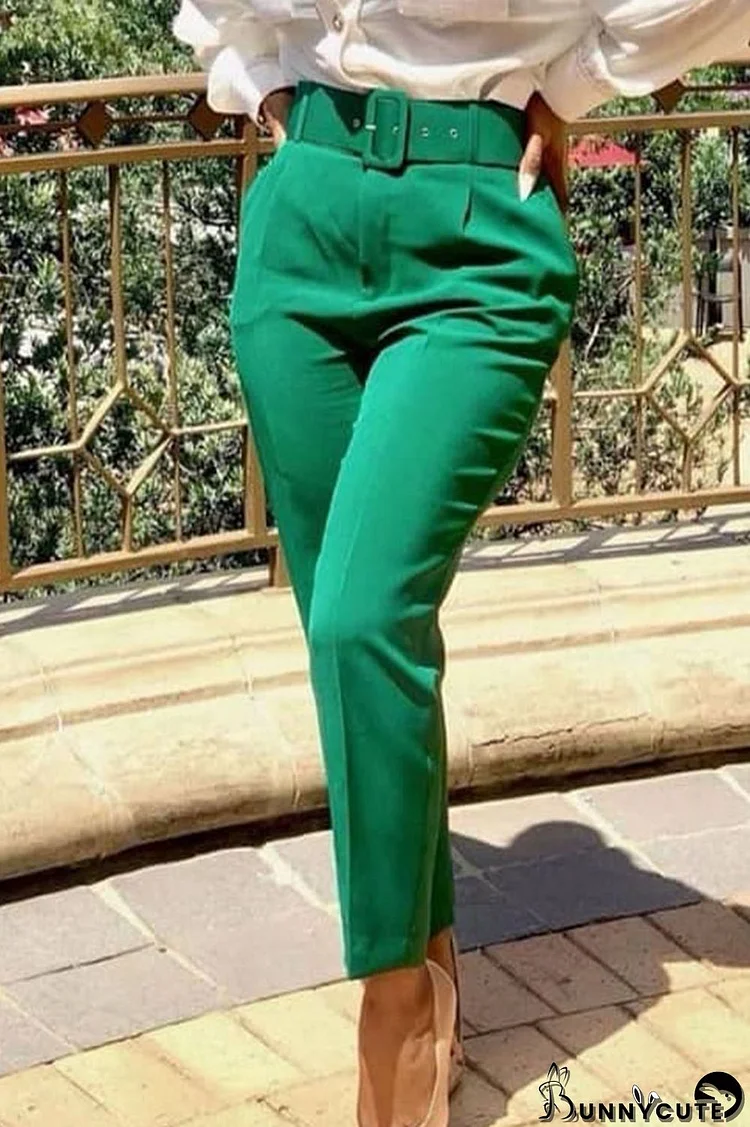 Green Casual Solid Split Joint Regular High Waist Pencil Solid Color Bottoms