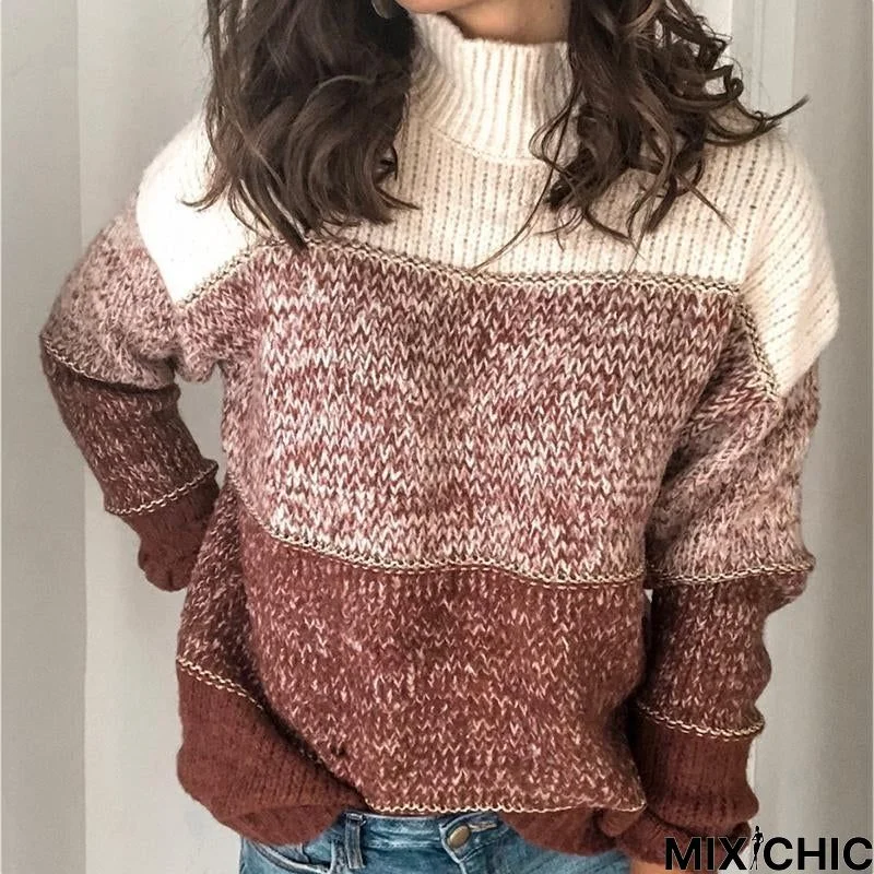 Casual Turtleneck Stitching Pullover