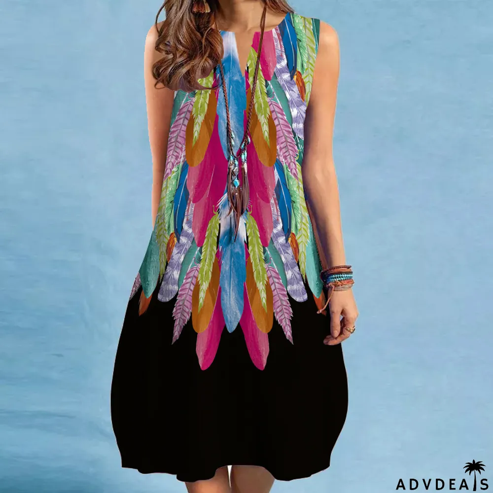 Fashion Vintage Print V Neck Multicolor Sexy Sleeveless Casual Dress