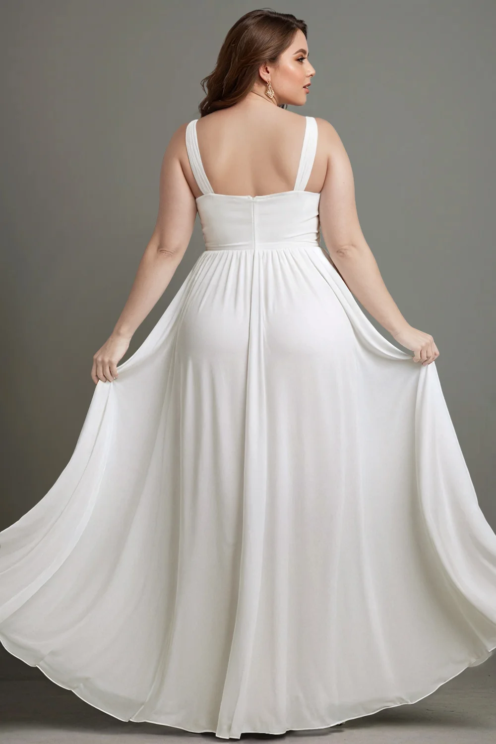 Flycurvy Plus Size Formal White Chiffon Built-in Bra Deep V Neck Empire Waist Cami Maxi Dress- Flycurvy Flycurvy Plus Size Formal White Chiffon Built-in Bra Deep V Neck Empire Waist Cami Maxi Dress- Flycurvy