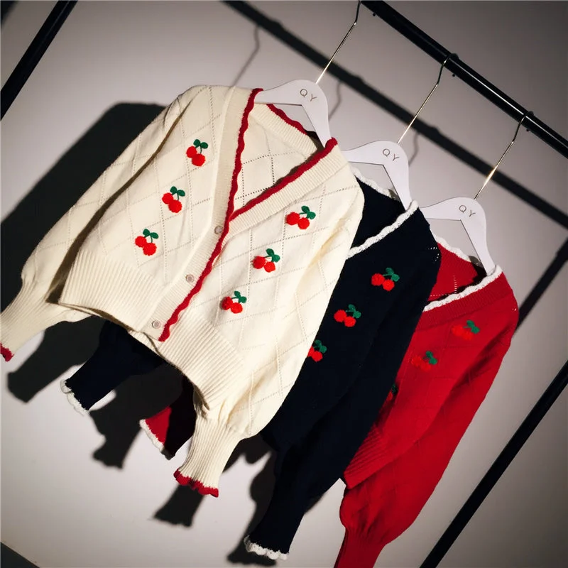 Beige/Red/Black Korean Cherry Embroidery Short Knitted Cardigan Sweater BE409