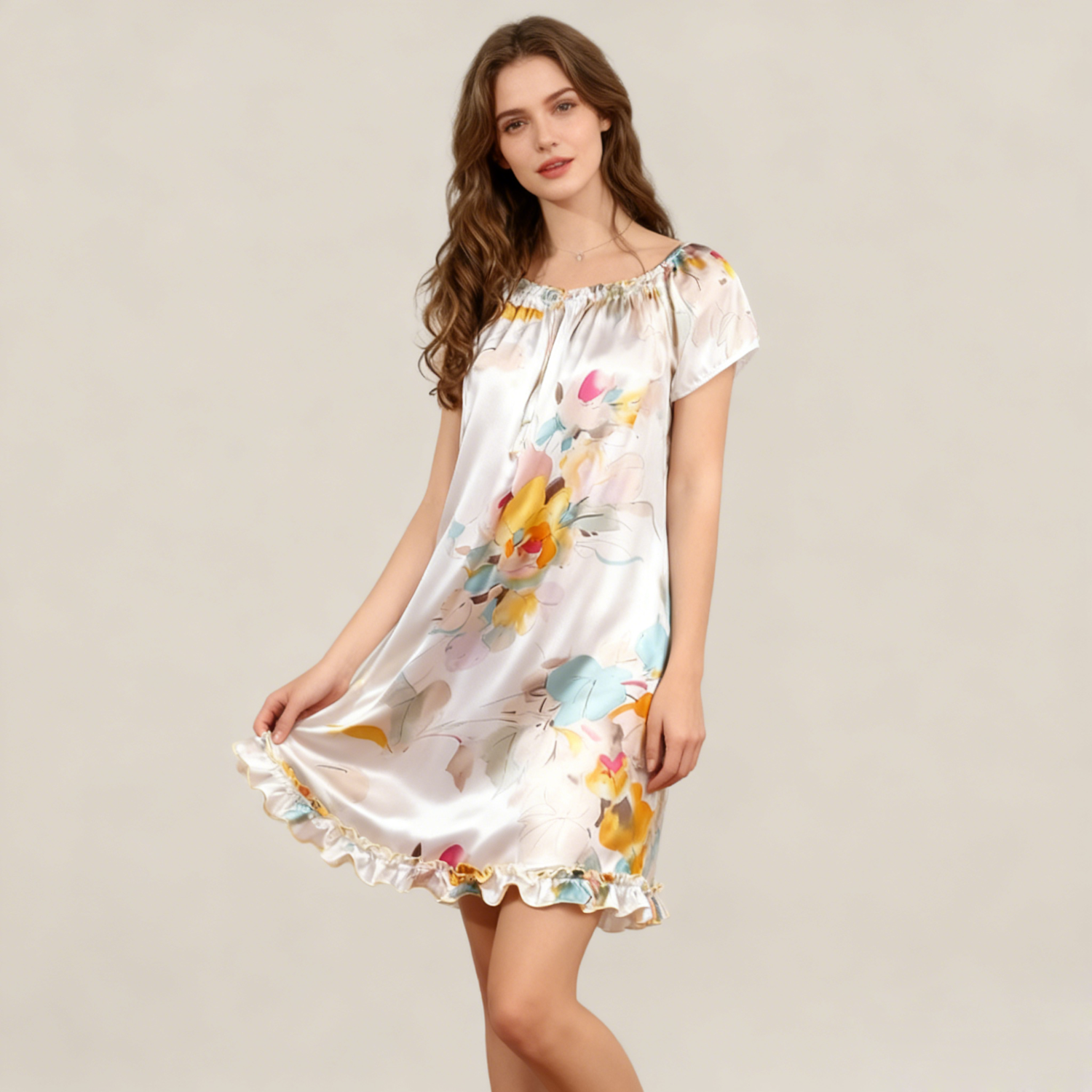 Silk Nightgown Women 100% Mulberry Silk Short Sleeve Floral Sleepwear Soft REAL SILK LIFE