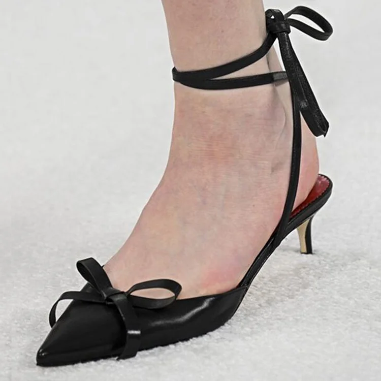 Black Bow Pointed Toe Ankle Strap Kitten Heel Pumps - Classic and Casual Vdcoo