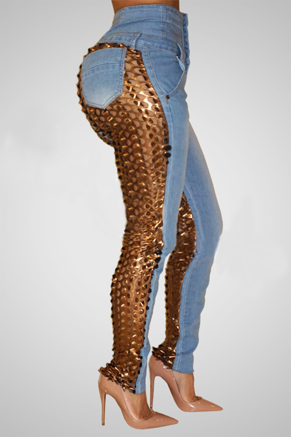 Plus Size Party Jean Gold Fall Winter Contrast Skinny Denim Jean