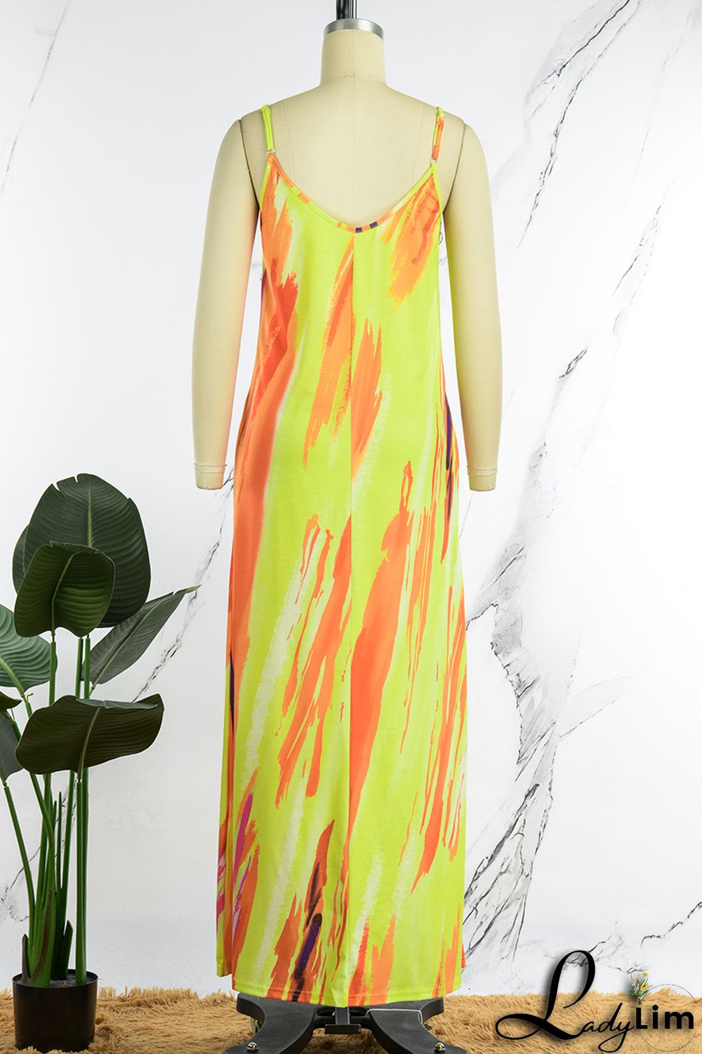 Yellow Sexy Print Patchwork Spaghetti Strap Sling Dress Dresses