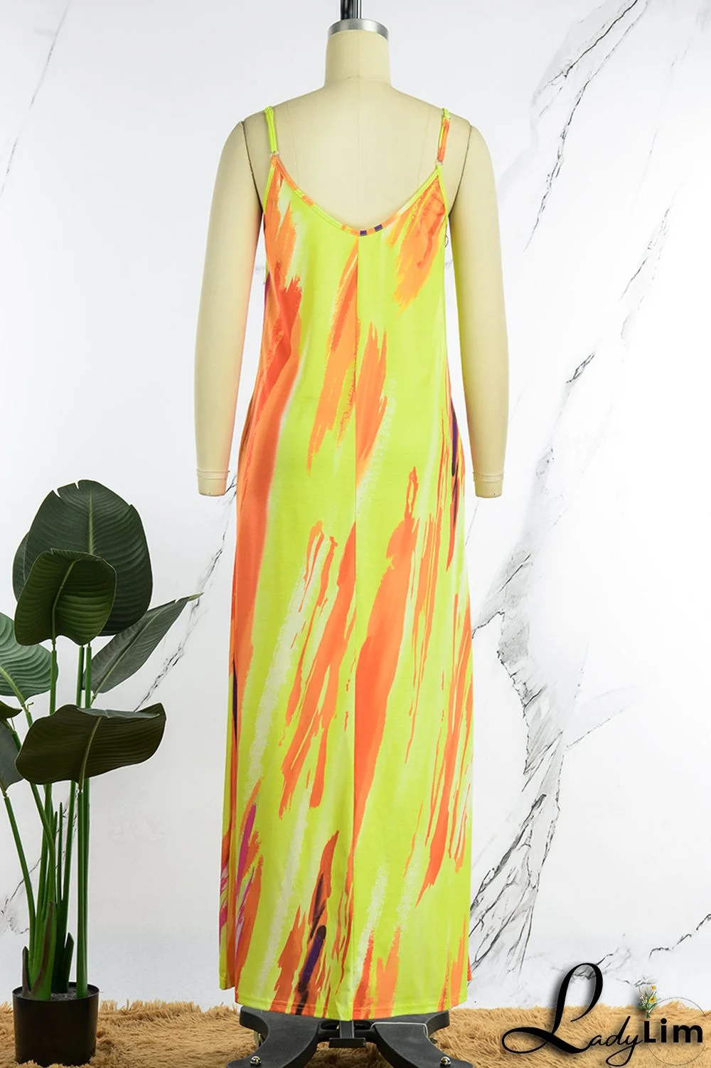 Yellow Sexy Print Patchwork Spaghetti Strap Sling Dress Dresses