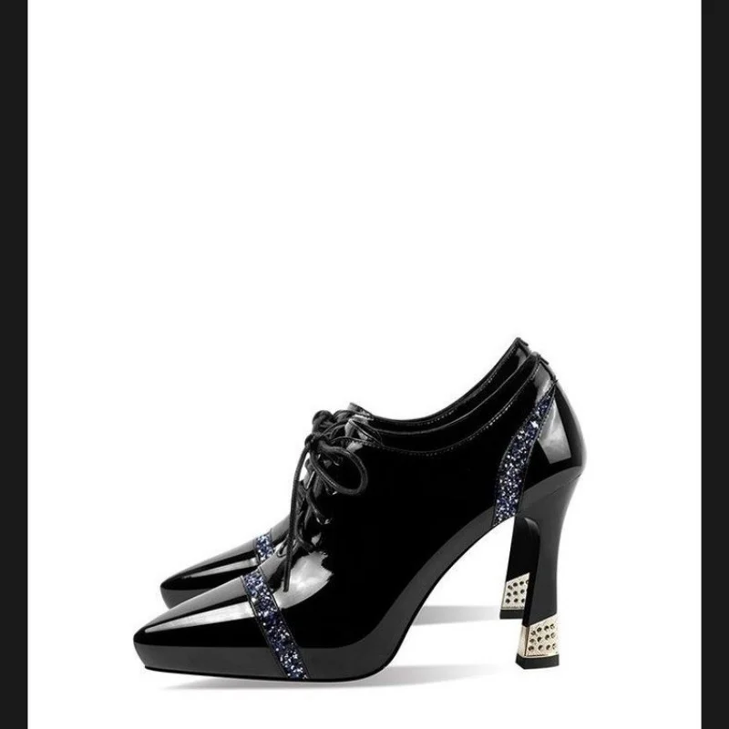 Zhungei Fine High Sexy Heels Black Rhinestones Elegant Women's Outdoor Shoes Lace Patent Leather Small Leather Shoes High Heeled