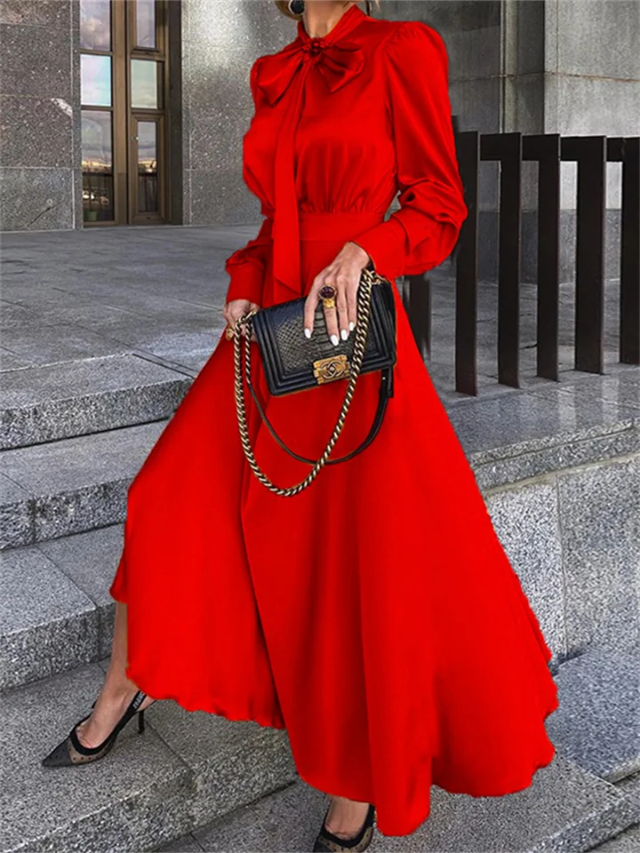 Spring and Autumn Solid Color New Large Swing Type Women's Long Section Long-sleeved Temperament Elegant Dress Women-Cosfine