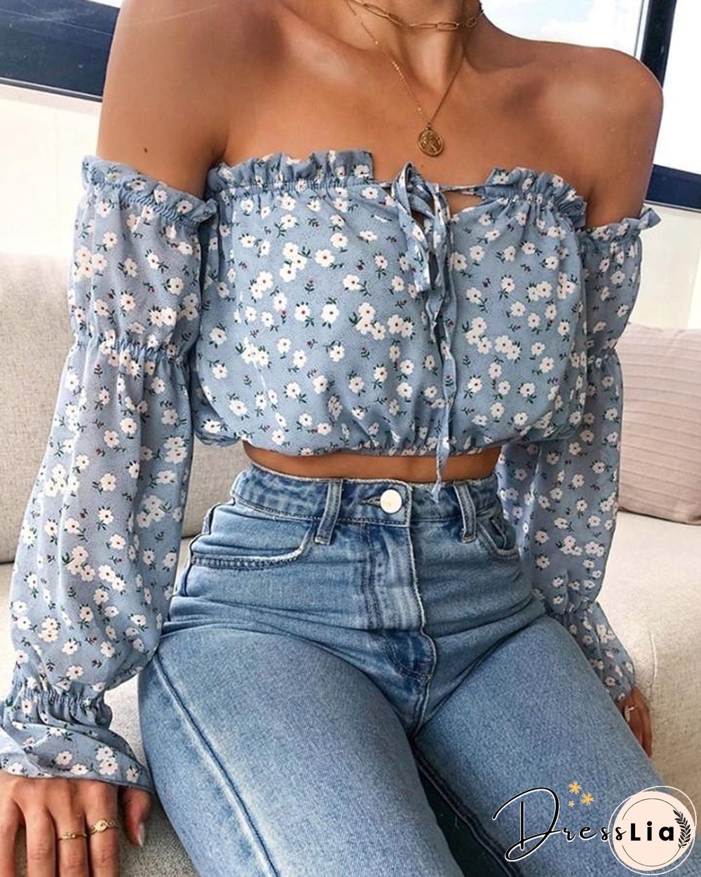 Off Shoulder Floral Print Tied Detail Blouse P13603