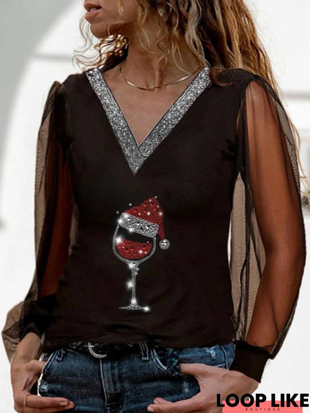 Mesh Long Sleeves Christmas Wine Glass Glitter V Neck Casual Top Xmas Top