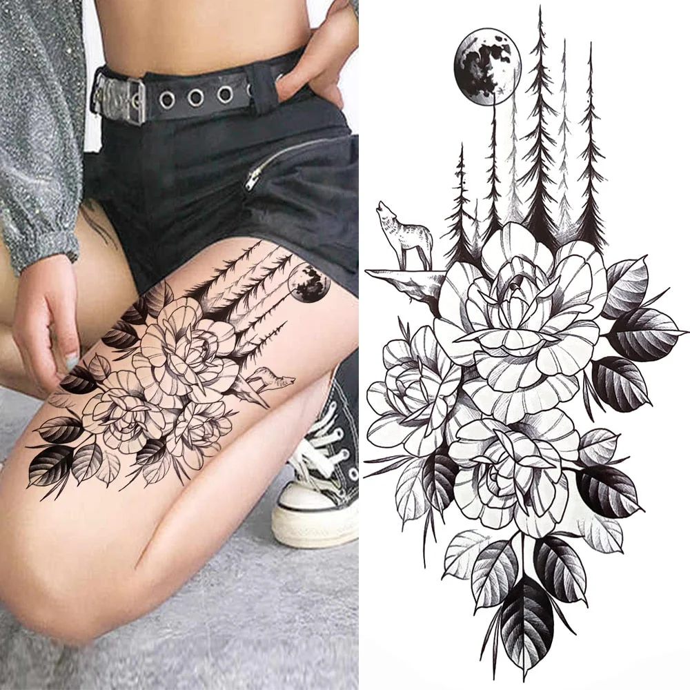 Fake Flower Rose Temporary Tattoos For Women Girl Peony Daisy Deer Moon Tattoos Sticker Black Cluster Body Art Painting Tatoos